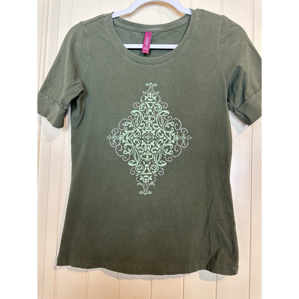 Gitano Women's Green Short Sleeve Casual embellished shirt sz S cotton stretch
